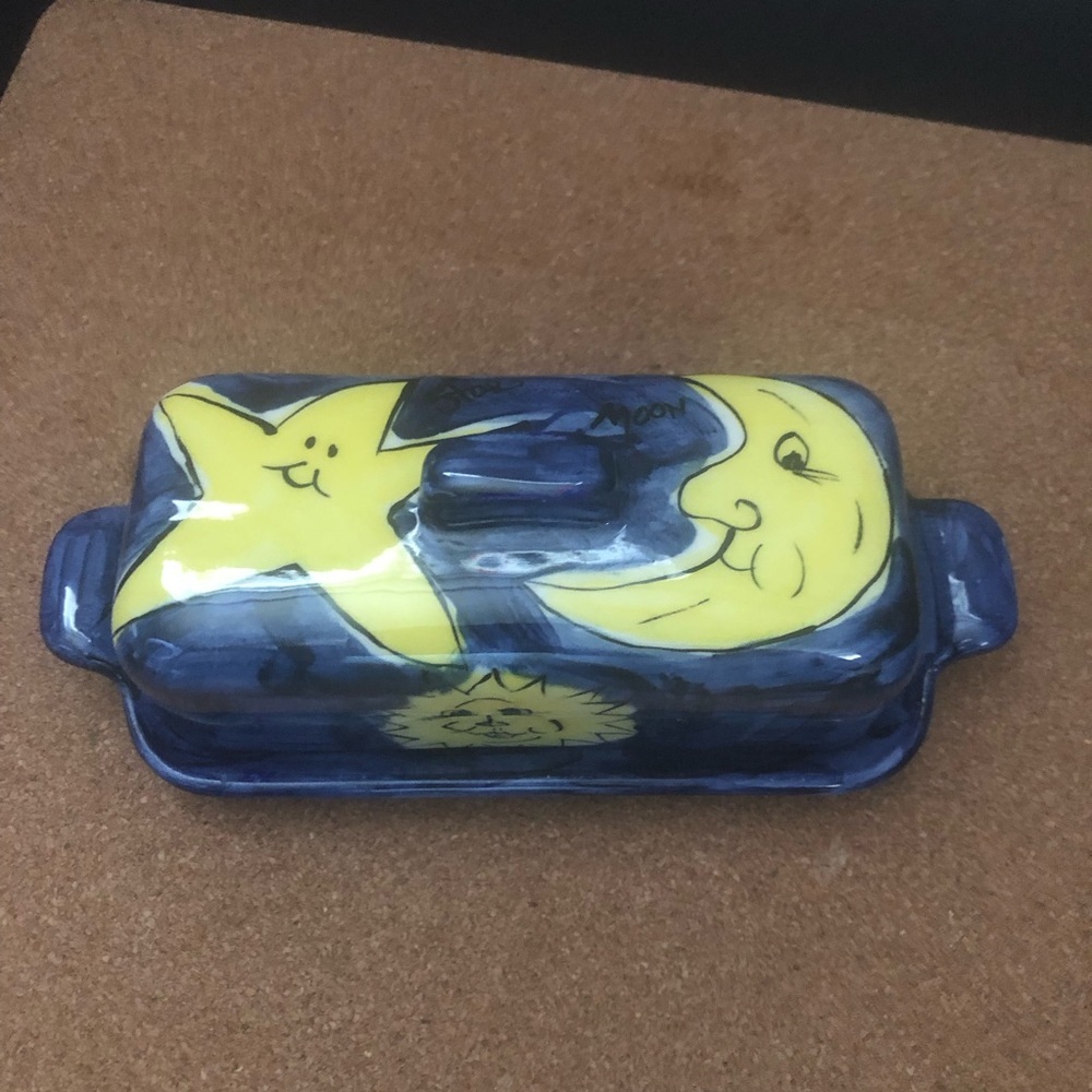 Butter Dish Ceramic Handmade Blue Yellow Moons Suns 9x3” Good Condition  Used - Picture 2 of 5